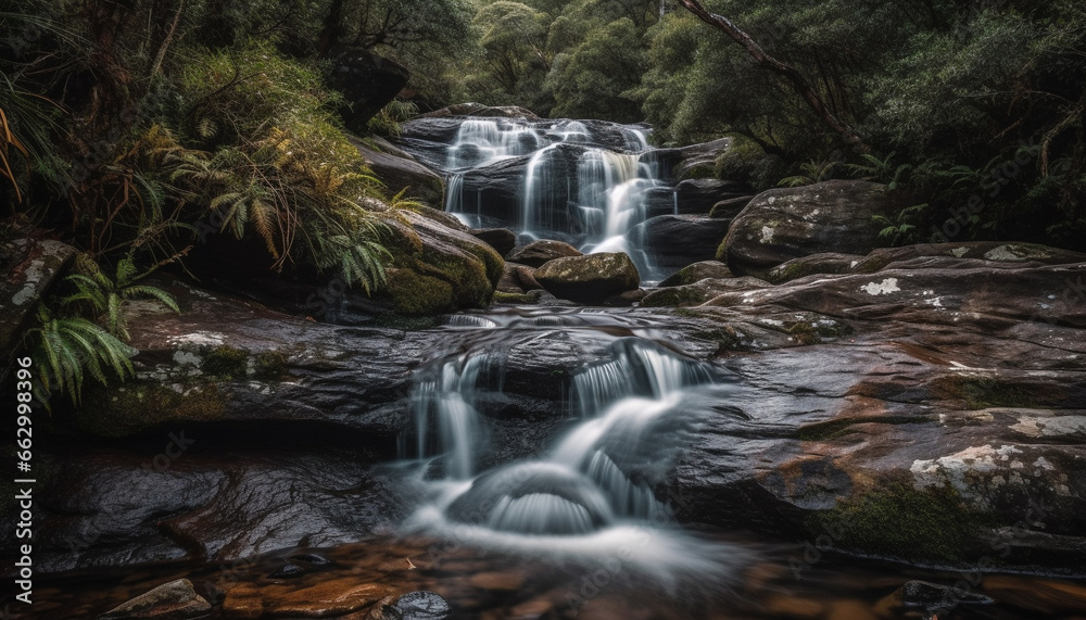 Tranquil scene of flowing water in tropical rainforest, natural beauty generated by AI