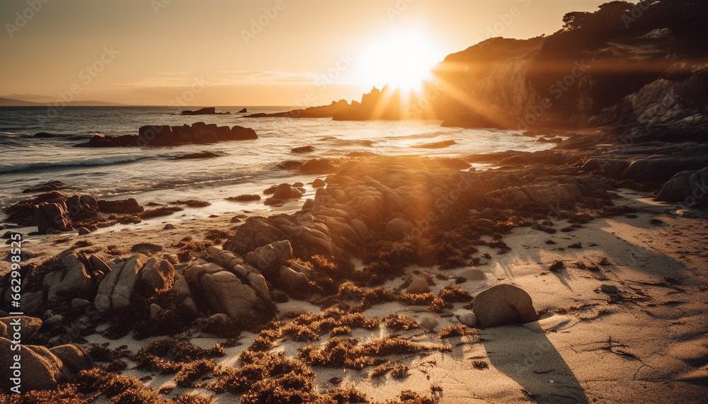 Tranquil seascape  rock, wave, and sand meet at waters edge generated by AI