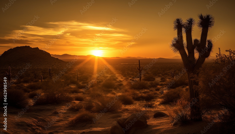 Silhouette of palm tree on arid mountain range at dusk generated by AI