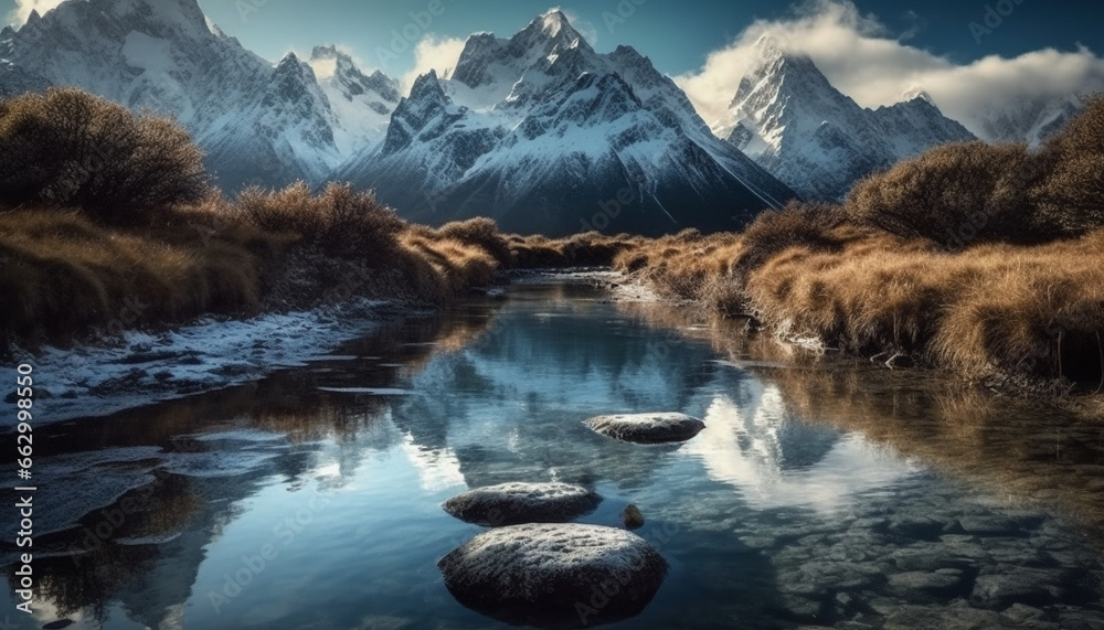 Tranquil scene of majestic mountain range reflected in tranquil water generated by AI