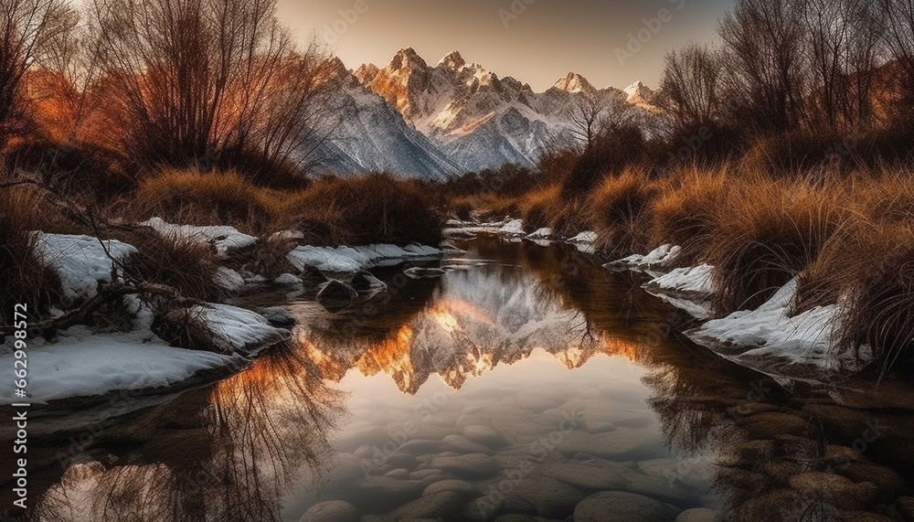 Majestic mountain range reflects tranquil sunset on frozen water generated by AI