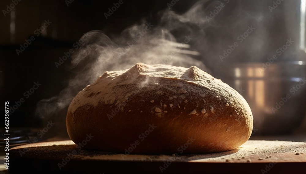 Freshly baked homemade bread on rustic wooden table, organic ingredients generated by AI