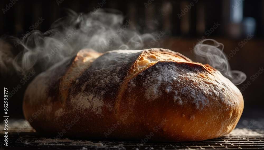 Grilled meat on rustic table, fresh bread baked in oven generated by AI