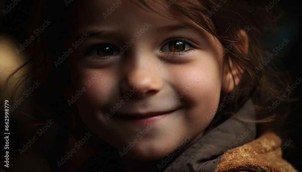 Cute Caucasian girl with brown hair smiling joyfully at camera generated by AI