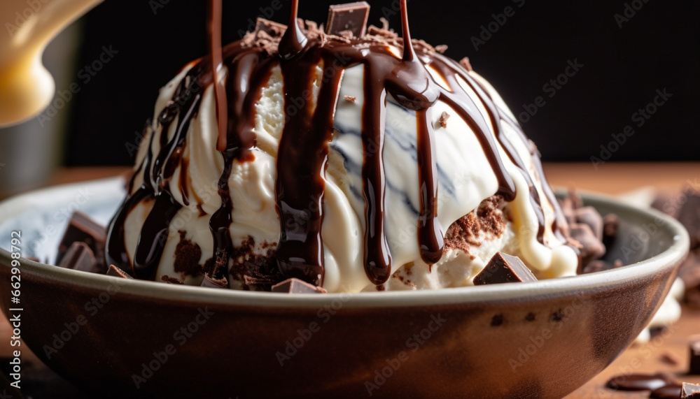 Indulgent homemade chocolate dessert on wooden table with whipped cream generated by AI