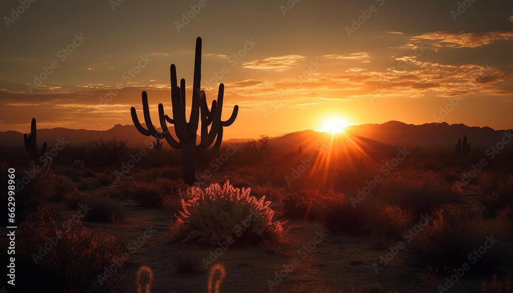 Silhouette of mountain range back lit by orange sunset sky generated by AI