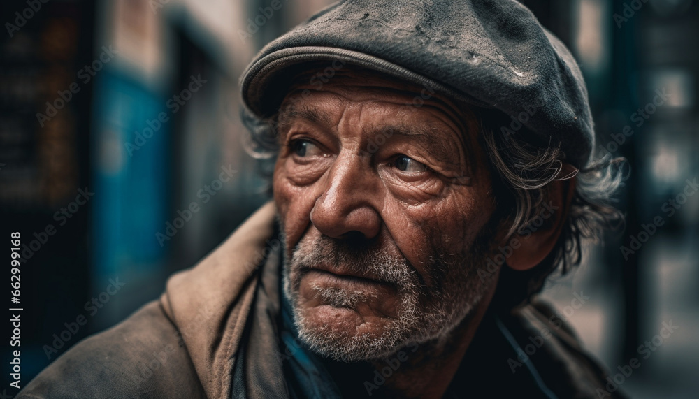 Gray haired senior man with beard and mustache looking serious generated by AI