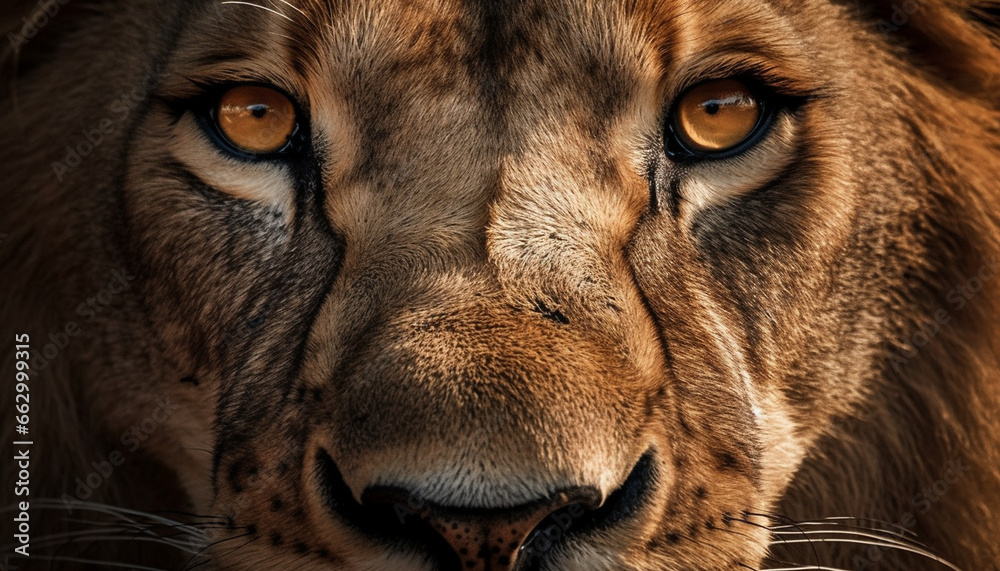 Majestic lion striped mane, canine snout, and piercing eyes generated by AI