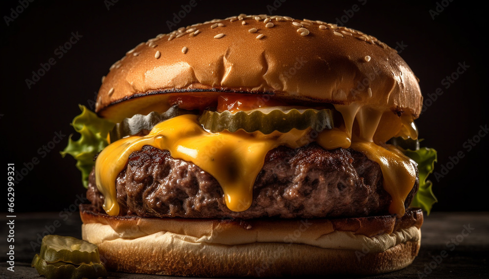 Grilled cheeseburger with tomato and onion on a sesame bun generated by AI