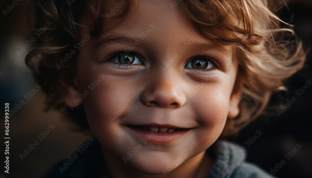 Smiling Caucasian toddler with curly brown hair looking at camera joyfully generated by AI