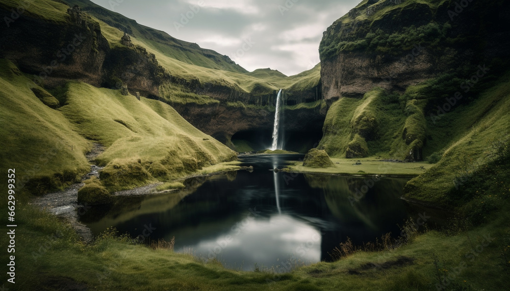 Tranquil scene of majestic mountain range with flowing water and greenery generated by AI