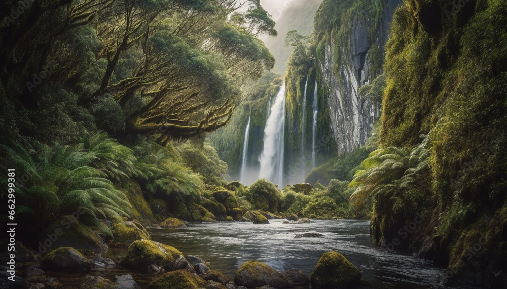 Tranquil scene of flowing water in tropical rainforest beauty generated by AI