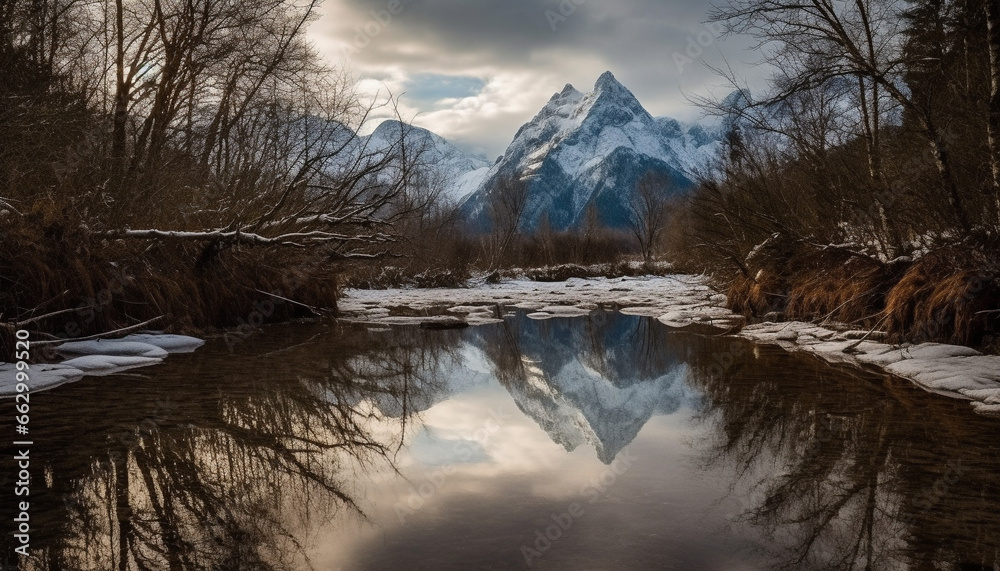 Majestic mountain range reflects tranquil beauty in frozen landscape generated by AI