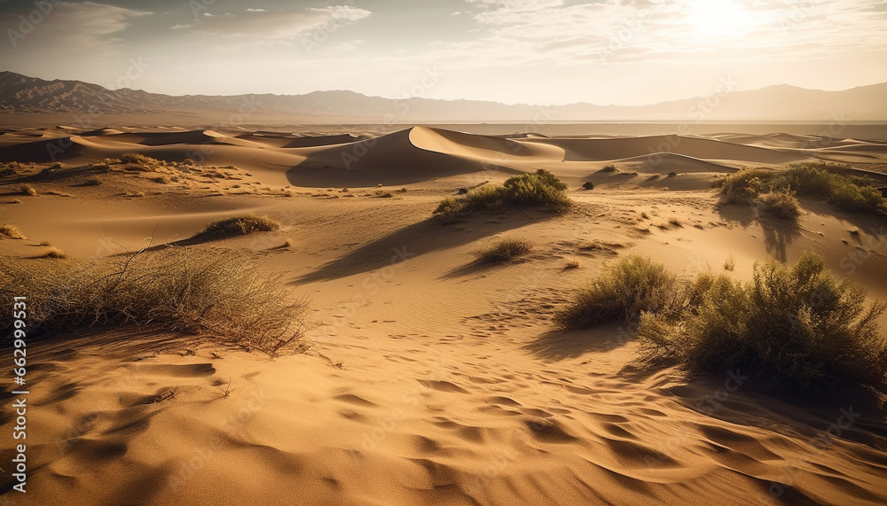 Tranquil sunset over rippled sand dunes in arid Africa generated by AI