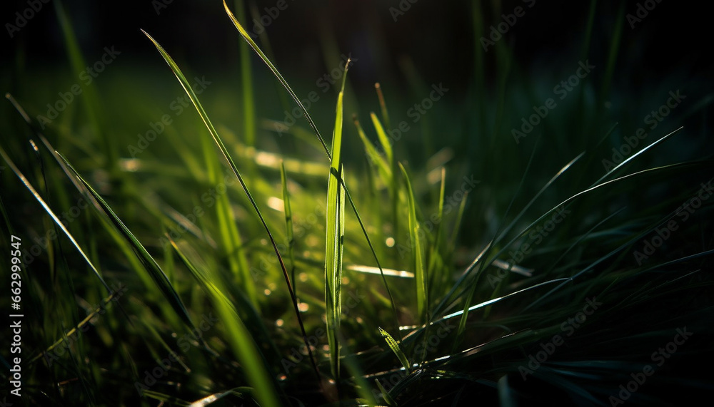 Vibrant green meadow growth, fresh with dew and sunlight generated by AI