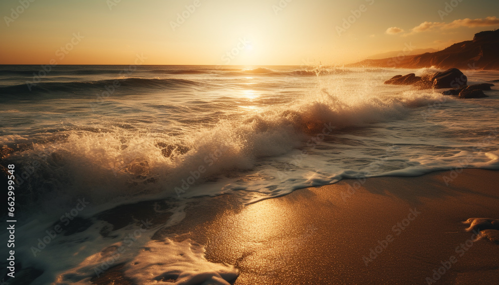 Tranquil seascape at dusk, waves splashing on sandy coastline generated by AI