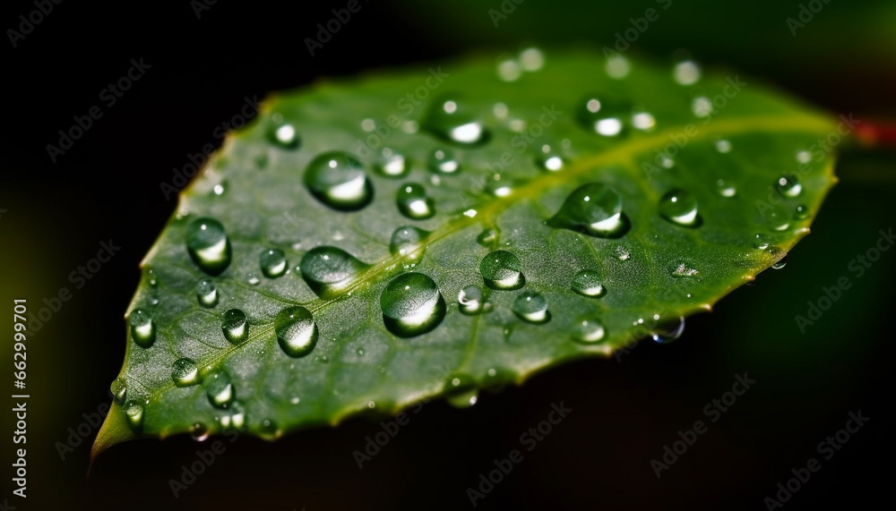 Fresh green leaves with dew drops showcase nature vibrant beauty generated by AI