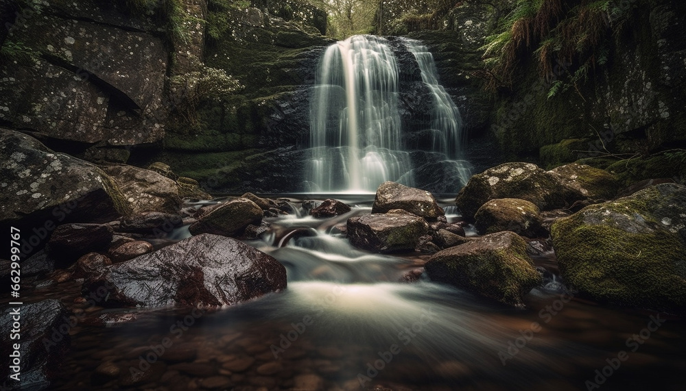 Tranquil scene of flowing water in tropical rainforest paradise generated by AI