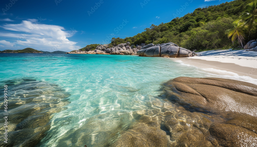 Idyllic Caribbean coastline, turquoise waters, palm trees, and tranquil relaxation generated by AI