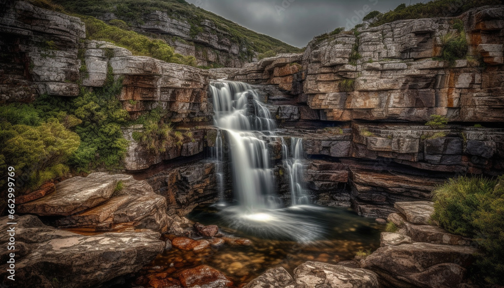 Tranquil scene of majestic mountain range with flowing water and greenery generated by AI