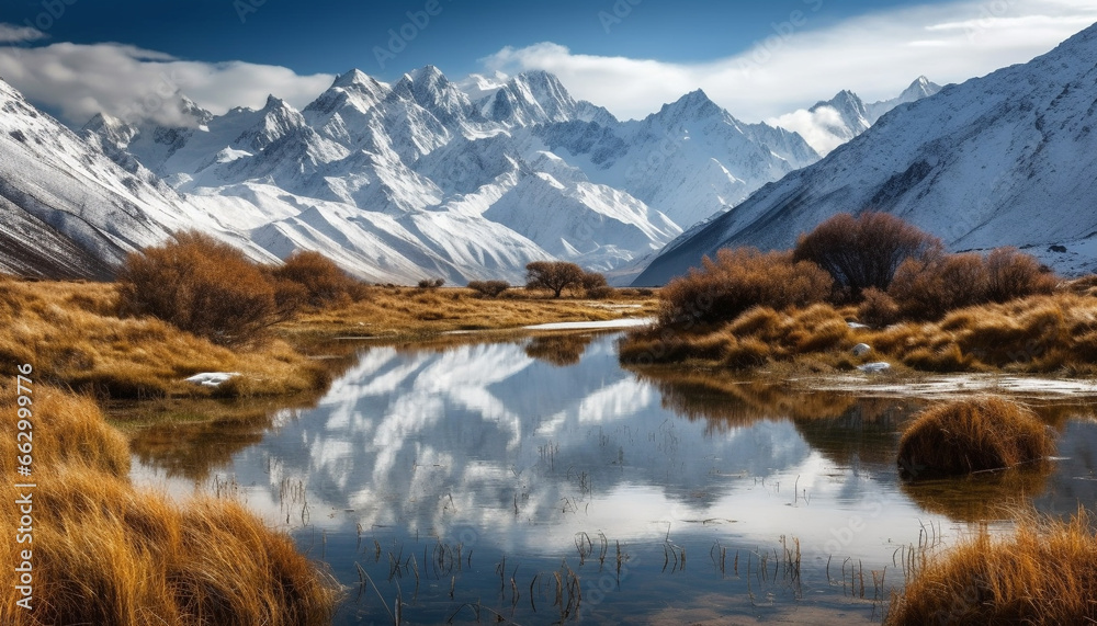 Tranquil scene of majestic mountain range reflects beauty in nature generated by AI