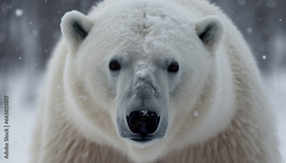 Cute arctic mammal walking in snowy wilderness, looking at camera generated by AI