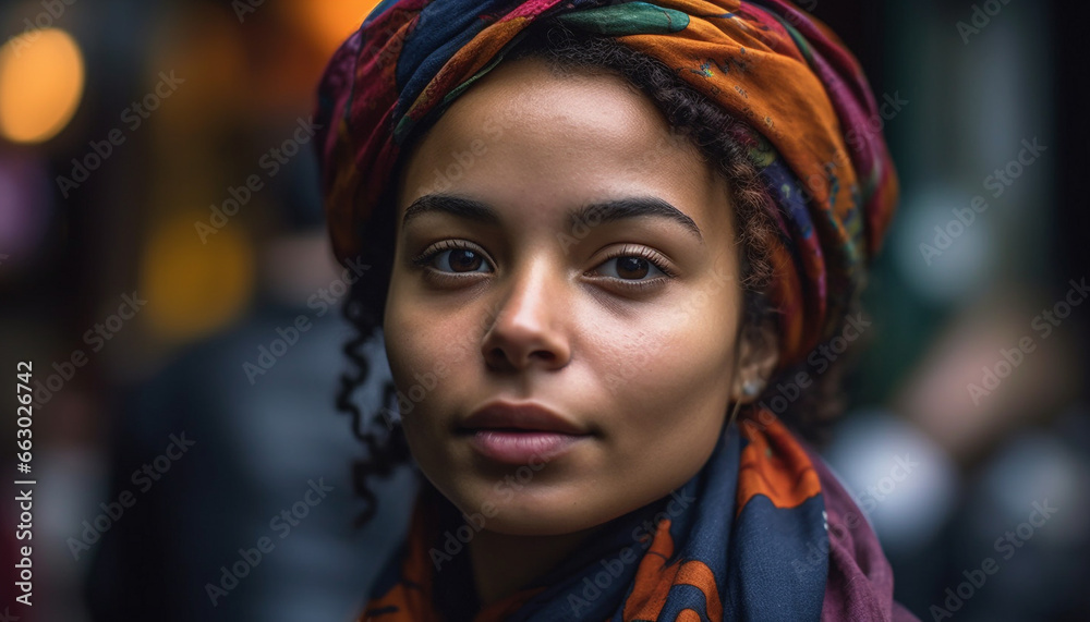 Young African woman smiling with confidence in traditional headscarf generated by AI