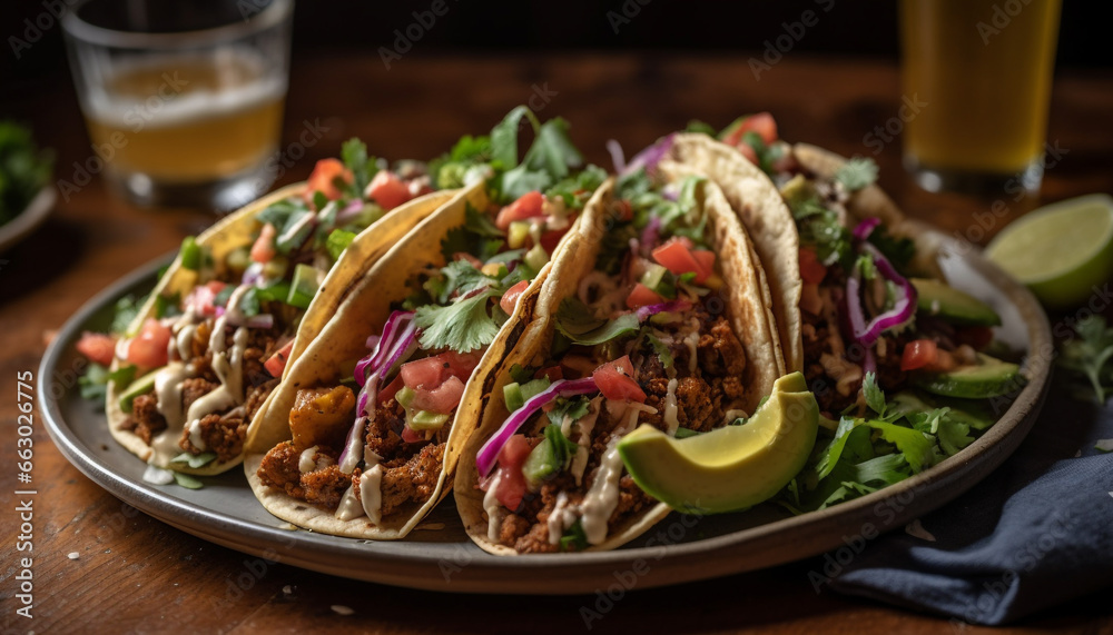 Grilled beef taco with guacamole, fresh tomato, and cilantro salad generated by AI