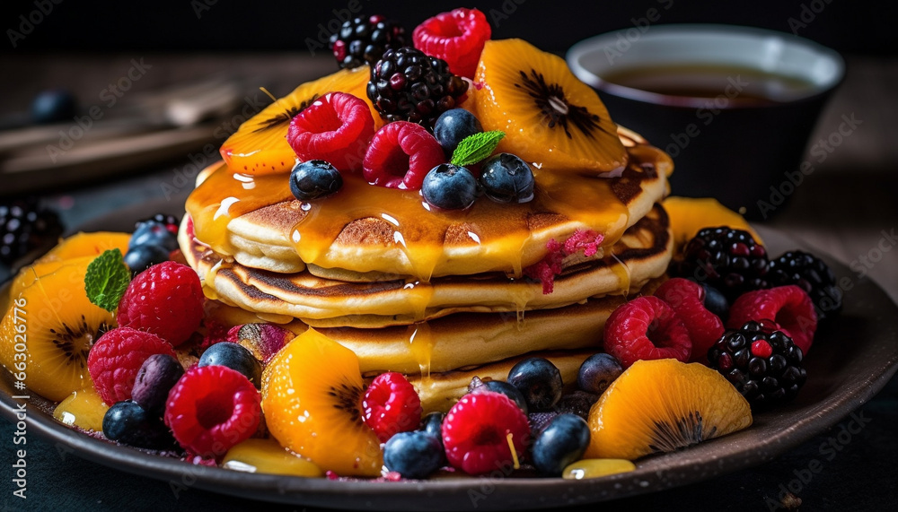 Fresh berry pancakes with raspberry syrup, homemade yogurt and mint generated by AI