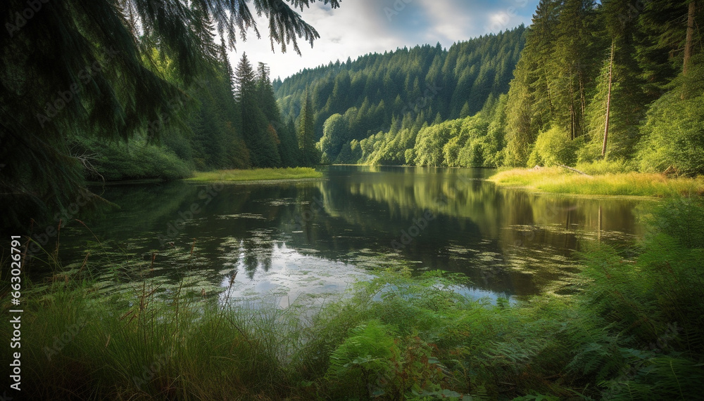 Tranquil scene of a mountain range reflecting in a pond generated by AI