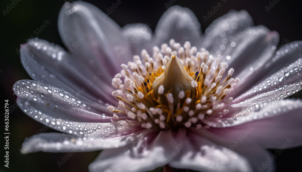 Vibrant gerbera daisy in wet meadow, focus on pollen stamen generated by AI