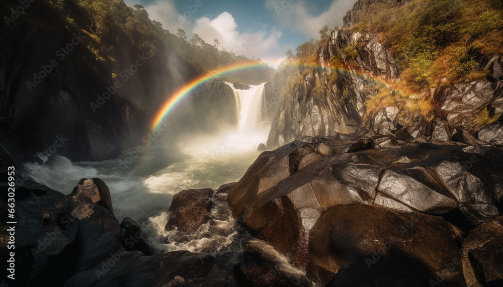 Tranquil scene of majestic mountain range with flowing water reflection generated by AI