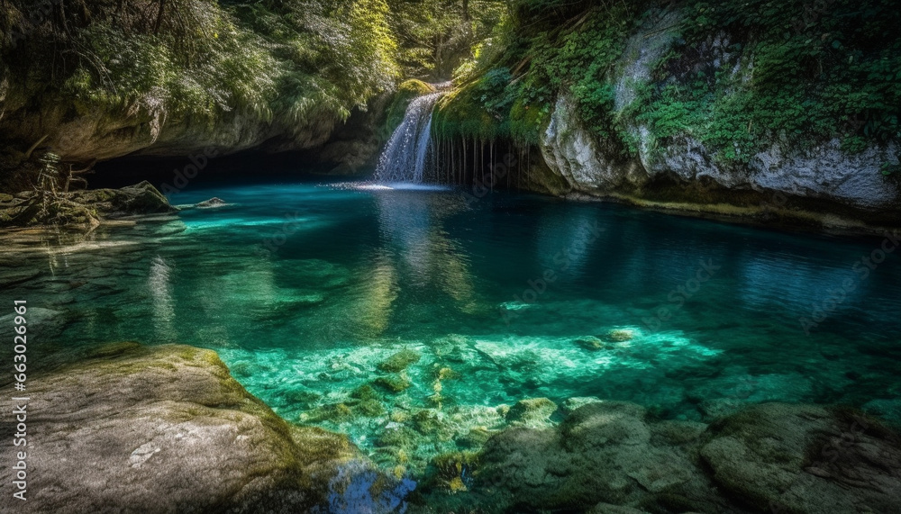 Tranquil scene of majestic mountain cliff with flowing water motion generated by AI