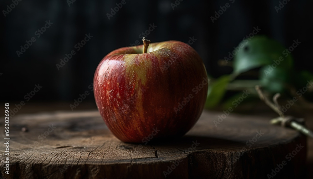 Juicy apple slice on rustic table, a fresh healthy snack generated by AI