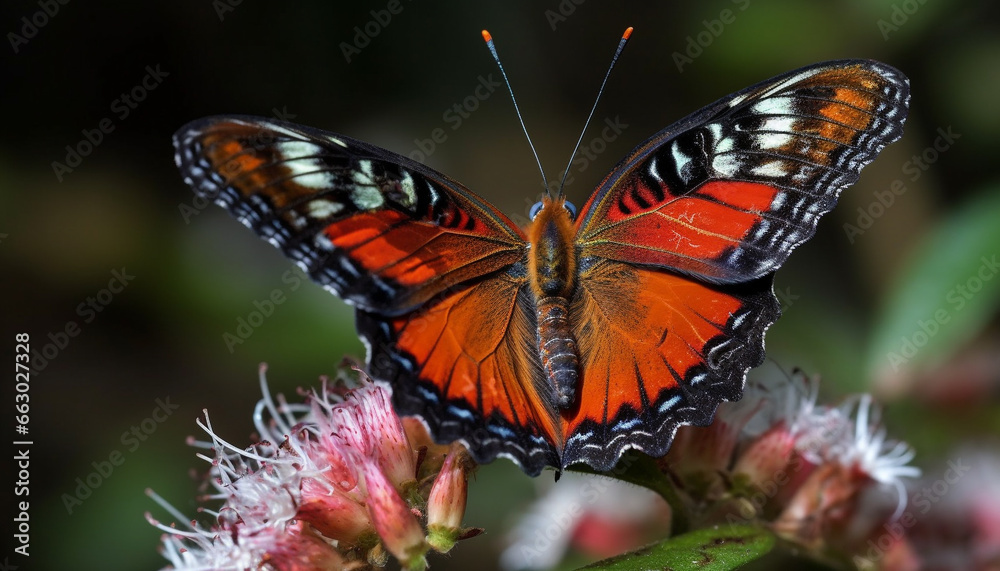 Vibrant butterfly pollinates fragile flower in tropical rainforest beauty generated by AI