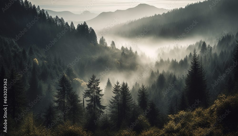 Tranquil scene of foggy mountain range, autumn mystery in nature generated by AI