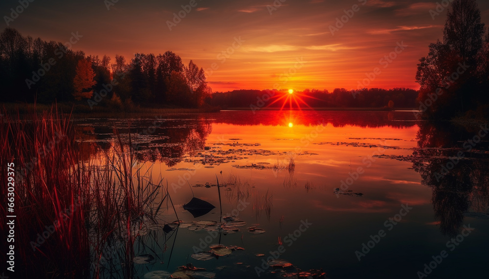 Tranquil sunset over rural landscape, reflecting vibrant autumn colors generated by AI