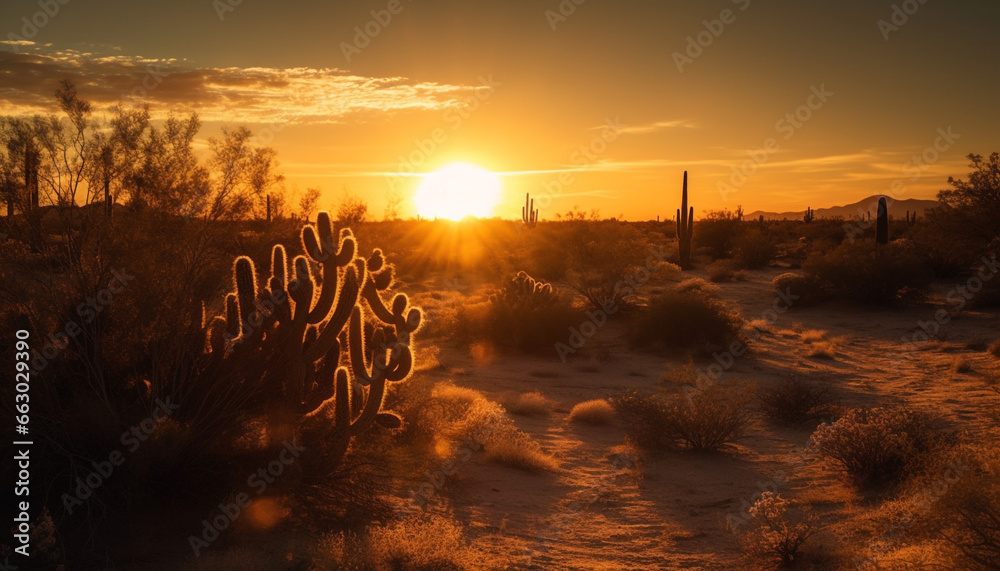 Silhouette of animals in the wild against tranquil sunset landscape generated by AI