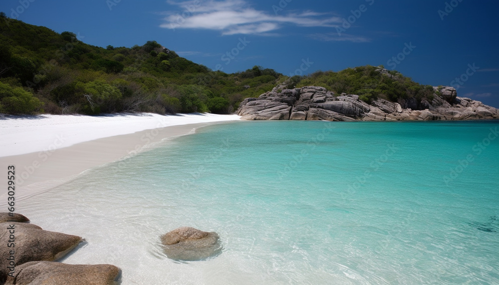 Tranquil scene of turquoise waters and green mountains on Caribbean vacation generated by AI