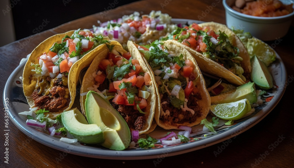 Grilled beef taco with guacamole, cilantro, and tomato on flatbread generated by AI