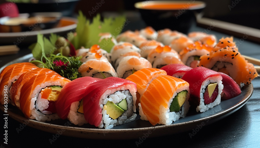 Fresh seafood meal with sushi, avocado, and ginger appetizer generated by AI