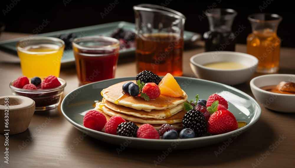 Healthy eating meal  Fresh berry pancakes with homemade raspberry syrup generated by AI