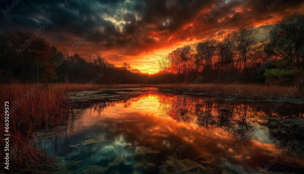 Tranquil sunset reflects vibrant beauty of nature in rural landscape generated by AI