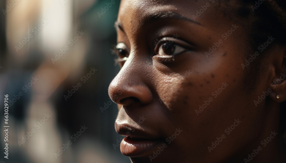 Beautiful young African American woman smiling confidently indoors at camera generated by AI