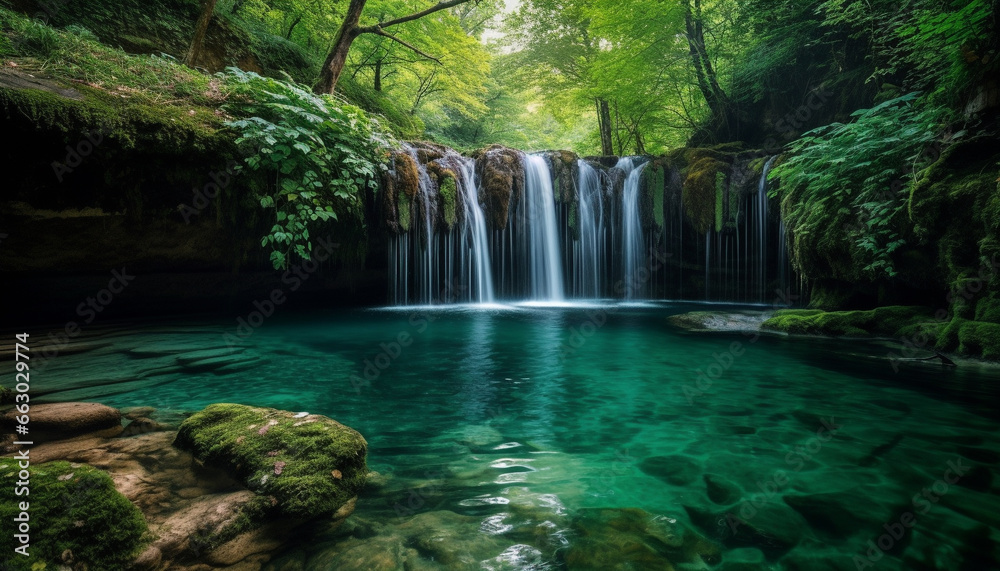 Tranquil tropical rainforest, flowing water, majestic mountain, idyllic environment generated by AI