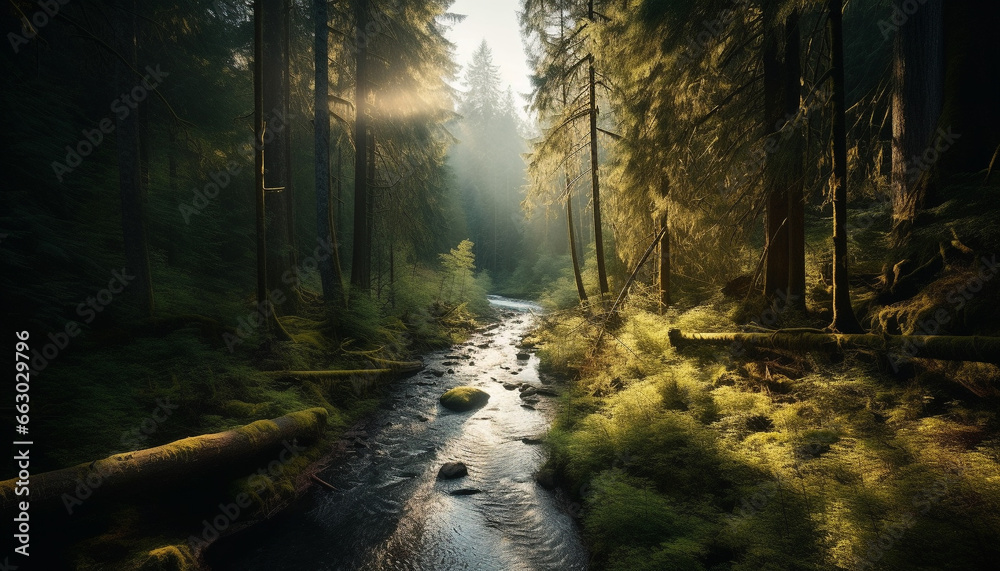 Tranquil scene of autumn forest, mystery in the fog generated by AI