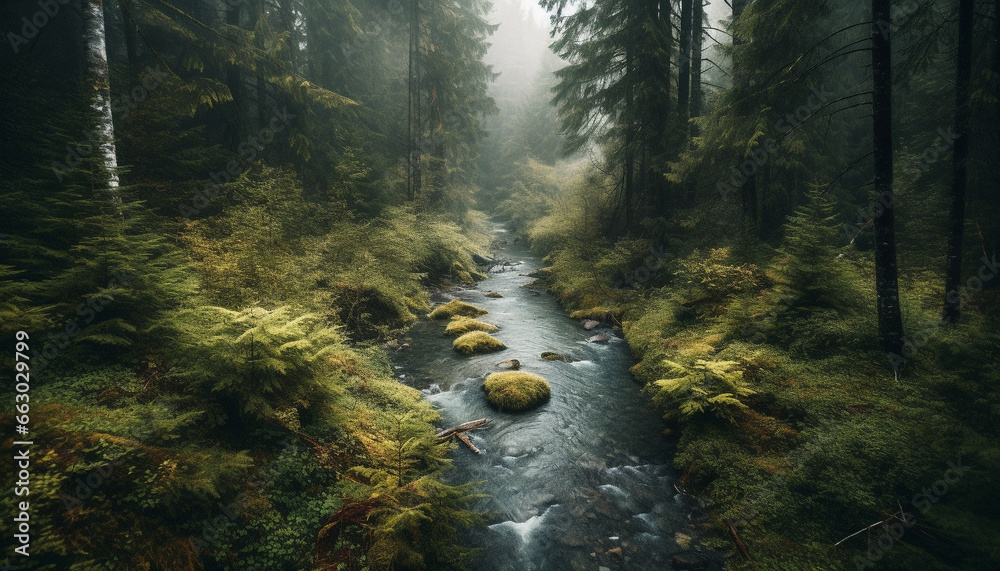 Tranquil scene of autumn forest, wet rocks, and flowing water generated by AI