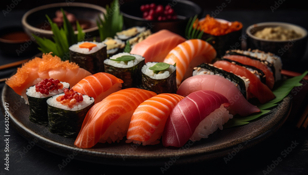 Fresh seafood meal on plate, rolled up with seaweed and rice generated by AI