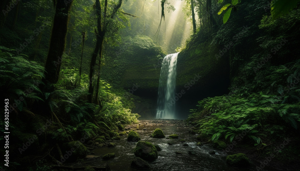 Tranquil scene of flowing water in tropical rainforest wilderness area generated by AI