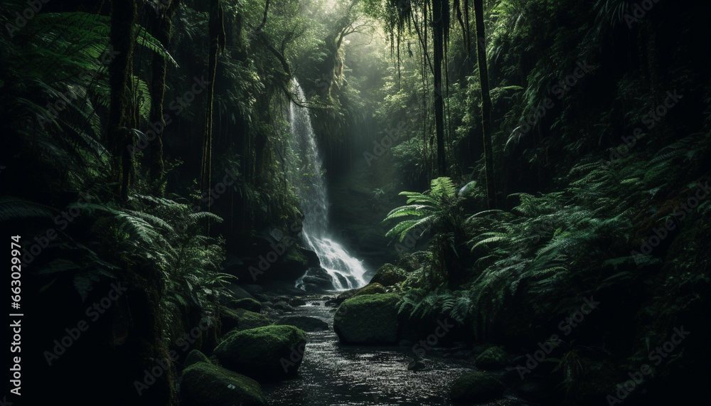 Tranquil scene of a tropical rainforest with flowing water and ferns generated by AI